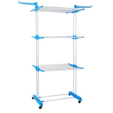 Imagem de Varal De Chão 3 Andares Para Roupas e Calcinhas 4 Rodas Dobrável Reforçado e Portátil(Azul)