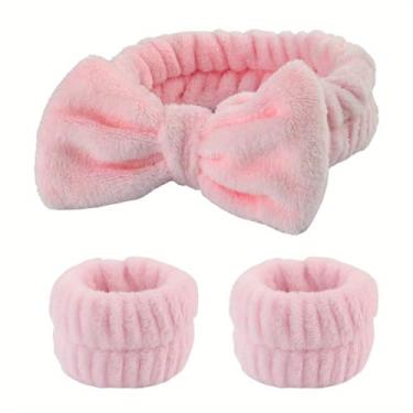 Imagem de Conjunto de 3 faixas de cabelo para lavagem facial, flanela, laço elástico, para maquiagem, cuidados com a pele, spa, rotina de beleza, rosa