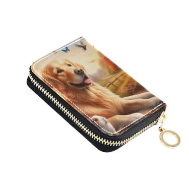 Imagem de Carteira feminina com zíper e bloqueio de RFID, porta-cartões de crédito, couro com zíper e porta-dinheiro, outono Golden Retriever