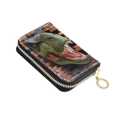Imagem de Carteira feminina engraçada de arte de dinossauro Rex com zíper em torno de porta-cartões com bloqueio de RFID, pequena bolsa de moedas com zíper e chaveiro