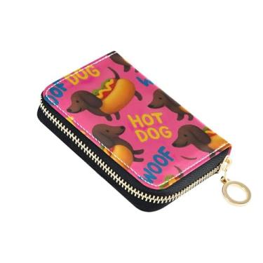 Imagem de Carteira feminina com suporte para cartão de crédito com bloqueio de RFID, pequena carteira de couro com zíper e chaveiro, cachorros-quentes fofos dachshund