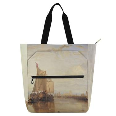 Imagem de GAIGEO J. M. W. Turner Pintura Barco Seascape Bolsa de Trabalho para Mulheres Tote Lona Praia Livro Bolsa Zíper Bolsas para Professores Amantes de Livros