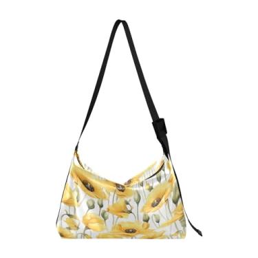 Imagem de Bolsa Hobo de ombro rosa de morango, bolsa tiracolo grande, bolsa feminina de couro, Linda flor de papoulas amarelas - 3, One Size
