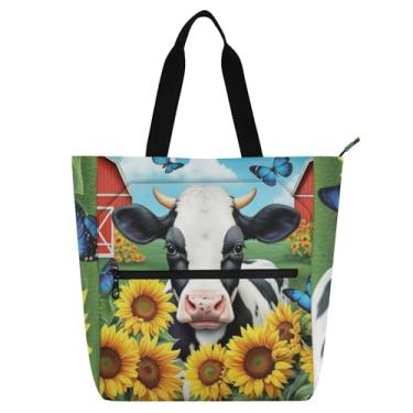 Imagem de GAIGEO Lindas bolsas femininas pretas e brancas de vaca girassóis de lona para escola universitária bolsas médias amantes de livros