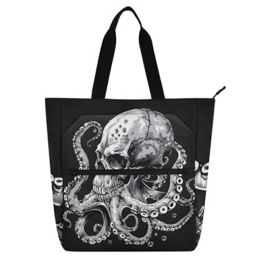 Imagem de Bolsa feminina preta e branca com caveira de polvo, bolsa escolar de lona com zíper, bolsas infantis, presente para amantes de livros