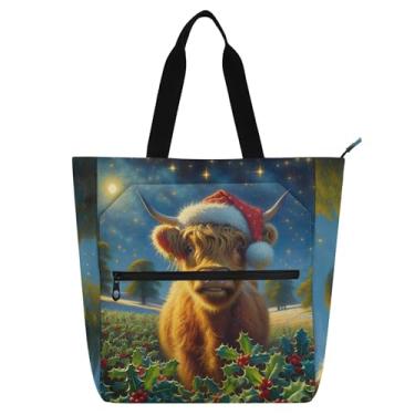 Imagem de GAIGEO Linda bolsa de trabalho feminina Highland Cow Christmas Holly de lona de lona para livros de praia com zíper para professores e compartimentos