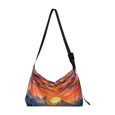 Imagem de Bolsa masculina de couro floral e floral, bolsa transversal grande, bolsa de ombro com zíper, Cena de montanha com pôr do sol - 2, One Size