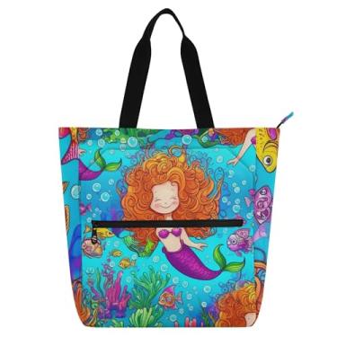 Imagem de GAIGEO Linda sacola feminina azul sereia subaquática para trabalho lona praia livro tote com zíper médio presente para amantes de livros bolsas