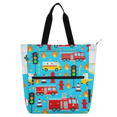 Imagem de Lindos desenhos animados caminhões de bombeiros azul bolsas de trabalho para mulheres bolsa escolar de lona com zíper utilitário bolsas de escritório amantes de livros presentes