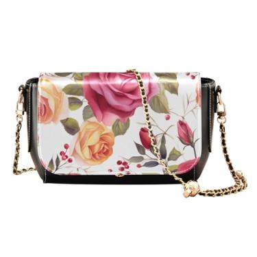 Imagem de Bolsa feminina de couro floral com flores em aquarela com bagas, bolsa de ombro média, bolsa transversal feminina de couro, Aquarela de rosas vermelhas em branco-5, One Size
