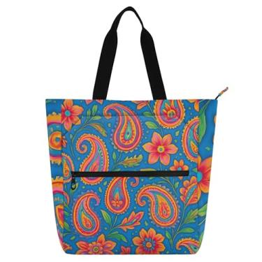 Imagem de GAIGEO Bolsa de trabalho colorida azul floral Paisley para mulheres sacola de lona com zíper bolsa de praia utilitária presente de escritório para amantes de livros