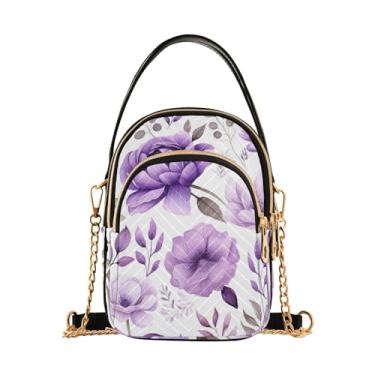 Imagem de Cão Pug gráfico em desenho animado pequeno transversal com corrente dourada, bolsas transversais femininas, bolsa tiracolo de ombro para mulheres, Aquarela floral roxa botânica 1, One Size