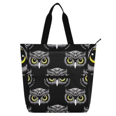 Imagem de GAIGEO Bolsas de trabalho pretas com olhos de coruja, para mulheres, lona, praia, escola, bolsas para professores, amantes de livros