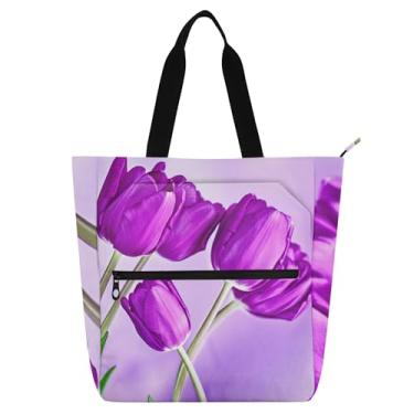 Imagem de Sacola de trabalho com tulipas roxas, roxa, vibrante, para mulheres, lona, praia, livro, com zíper, bolsas fofas, presente para amantes de livros