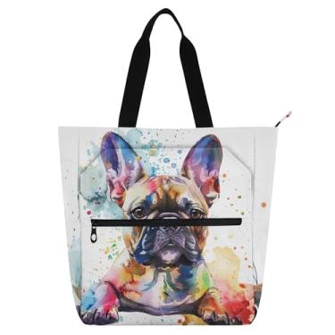 Imagem de GAIGEO Bolsa de trabalho feminina para buldogue francês em aquarela com zíper, reutilizável, presente para amantes de livros