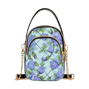 Imagem de Margaridas em bolsas transversais femininas xadrez azul e branco, bolsa tiracolo moderna com alça removível, Rosas azuis e flores verdes - 1, One Size
