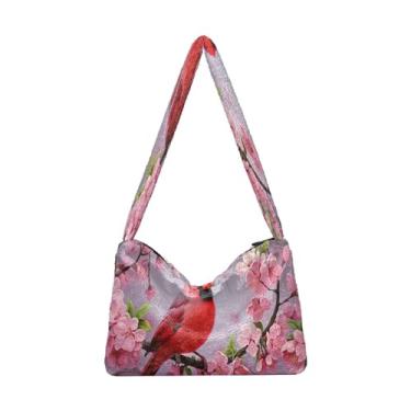 Imagem de Green Leaves Bolsas de ombro femininas modernas, bolsa de ombro para mulheres, bolsas de outono, Pássaro vermelho no ramo de flores cor-de-rosa - 1, One Size