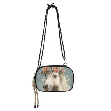 Imagem de TSENQUE Bolsa feminina pequena bolsa transversal bolsa de ombro bolsa de ombro bolsa de cinto carteira bolsa de telefone branco cavalo floral