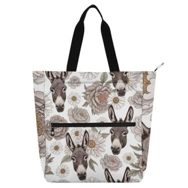 Imagem de GAIGEO Sacola feminina cinza com cabeça de burro para trabalho com flores, bolsa escolar de lona com zíper, bolsas fofas com compartimentos