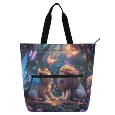 Imagem de GAIGEO Lions Dragons Bolsas de trabalho de animais para mulheres, bolsa de lona para livros de praia, com zíper, lindas bolsas infantis com compartimentos