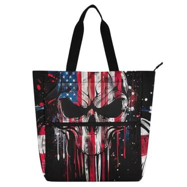 Imagem de Bolsa feminina com bandeira americana de caveira, bolsa de tecido de lona, faculdade, escola, uso diário, presente para amantes de livros