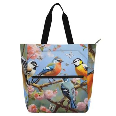 Imagem de Sacolas femininas de lona para trabalho com cena de pássaros florais bolsa escolar reutilizável para amantes de livros presentes