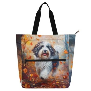 Imagem de GAIGEO Linda bolsa de trabalho de outono com estampa de cachorro para mulheres, bolsa de lona com zíper, bolsa de praia, presente diário para amantes de livros