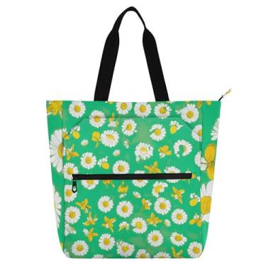 Imagem de GAIGEO Bolsa feminina branca amarela com margaridas verdes bolsa de trabalho de lona escolar com zíper bolsas fofas para amantes de livros