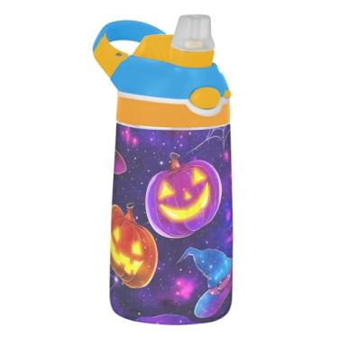 Imagem de Garrafa de água infantil Halloween Pumpkin Witch Purple para escola, 473 ml, 473 ml, garrafa de água esportiva Tritan com canudo, copo infantil portátil à prova de vazamento, alça de transporte