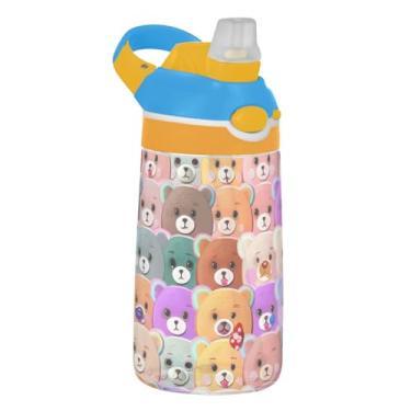 Imagem de Garrafa de água infantil Bears Cute Cartoon Expressions para escola, 473 ml, 473 ml, garrafa de água esportiva Tritan com canudo, copo infantil reutilizável portátil, alça de transporte