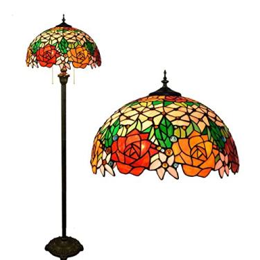 Imagem de Luminária de chão Tiffany com rosas, libélulas, uvas, girassóis e penas em vitral antigo, 2 lâmpadas, 40,6 x 40,6 x 162,6 cm (16 x 16 x 64 polegadas), ideal para sala de estar, quarto, escri