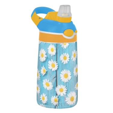 Imagem de Garrafa de água infantil de 473 ml com tampa de palha, garrafa de água esportiva portátil para escola à prova de vazamento 473 ml, copo Tritan infantil, alça de transporte, margaridas azuis flores de
