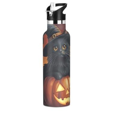 Imagem de Garrafas de água infantil Black Cat Halloween Pumpkin com tampa de palha, garrafa de água isolada de aço inoxidável, livre de BPA, à prova de vazamento, copos infantis para escola, viagens, esportes