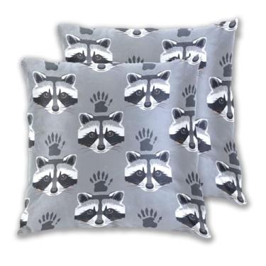 Imagem de Joitme Conjunto de 2 capas de almofadas de sofá com rosto de guaxinim cinza, estampa de animais, decoração de casa para sala de estar, 45 x 45 cm, 2 peças