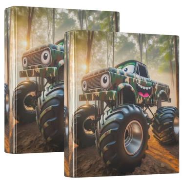 Imagem de Pastas de desenho personalizado Camuflagem Monster Trucks de 3 cm com 3 anéis para guardar 200 folhas, caderno, fofo, redondo, fichário de receitas, 31,5 x 27 x 6 cm, pacote com 2