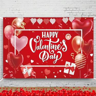 Imagem de Banner Happy Valentine's Day - Grande, 188 x 109 cm | Pano de fundo de balões de corações vermelhos adereços românticos para cabine de fotos - Decorações de festa de 14 de fevereiro