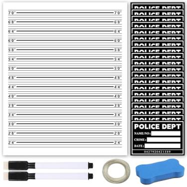 Imagem de Pano de fundo de caneca 1,5 × 1,5 m, pacote com 20 placas de foto com tabelas de altura de poliéster, adereços de foto de prisão de cena de crime com 2 marcadores e apagador a seco para decorações de