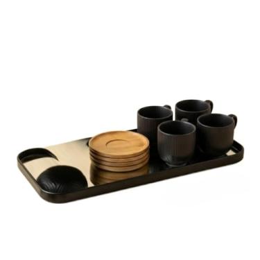 Imagem de Kit Cantinho do Café Premium com Bandeja Espelhada, Xícaras de Cerâmica Preta e Detalhes em Bambu – Elegante e Decorativo(Bandeja e conjunto 4 xicaras)