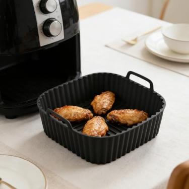 Imagem de Cesta de silicone para fritadeira a ar de 17 cm, assadeira quadrada antiaderente resistente ao calor com alças, panela de fritadeira a ar espessa reutilizável adequada para forno, micro-ondas (preto