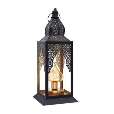 Imagem de Lanterna decorativa marroquina, design de filigrana de metal preto, suporte de luz de estrela com interior dourado, 38 cm de altura, 15 cm de largura, decoração de festival Ramadan Eid Mubarak