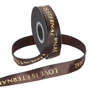 Imagem de PATIKIL Fita de gorgorão personalizada, 2,5 cm x 40 metros Love is Eternal Fita de poliéster para festas de fim de ano, decoração de casamento, embrulho de presente, marrom