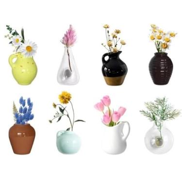 Imagem de 8 mini ímãs de vaso de cerâmica fofos para geladeira, ímãs engraçados de plantas pequenas, vaso de plantas 3D minúsculo para decoração de geladeira, armário de cozinha, escritório (pacote com 8)