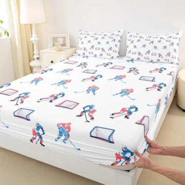 Imagem de Jogo de lençol solteiro para jogadores de hóquei, decoração de quarto de jogos de esportes de inverno, branco e azul, 1 fronha (sem plano)
