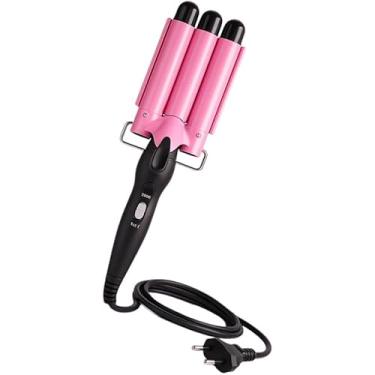 Imagem de Modelador de Cabelo Tri-Ondas, Cerâmico Profissional, Rosa, 110V, 75W, 3 Cilindros, Temperatura 180°C-210°C, 36,5cm de Comprimento