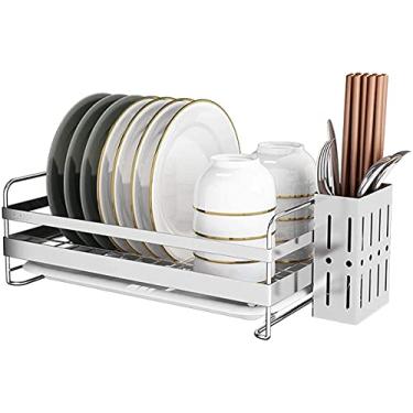 Imagem de Escorredor de pratos de aço inoxidável com bandeja coletora removível, escorredor de pratos de prata com suporte de talheres, suporte de tigelas, prateleiras de secagem de pratos para organizador de