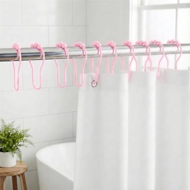 Imagem de 12 anéis de ganchos de cortina de chuveiro, ganchos de chuveiro de metal à prova de ferrugem para varões de banheiro, resistente, design de bola - rosa claro