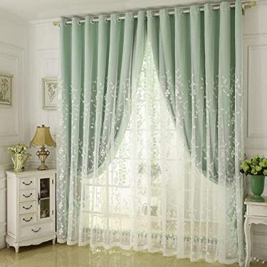 Imagem de Cortina blackout de camada dupla com sobreposição de tule bordado de renda branca, cortina blackout de voile com tratamento de janela de dois andares, cortina de isolamento de quarto de menina, sala