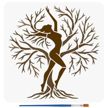 Imagem de FINGERINSPIRE Estêncil de pintura de mulher de árvore com pincel, 30 x 30 cm, estêncil, reutilizável, árvore da vida, galhos, silhueta, padrão, pintura, estêncil para parede, chão, camiseta, tecido