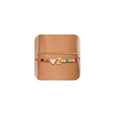 Imagem de Eaciy Pulseiras coloridas com inicial para mulheres e meninas - Pulseira com pingente de coração banhado a ouro 14K com letra inicial Daint A-Z, joias de verão, presentes para meninas adolescentes, 8