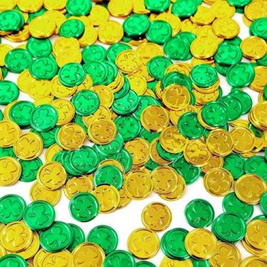 Imagem de Heyiminy 60g Gold Coins St Patricks Day, 1.2 Inch Gold Green Lucky Coins, Plastic Shamrock Leprechaun Coins for St. Patrick's Day Decorations Irish Party Table Decor